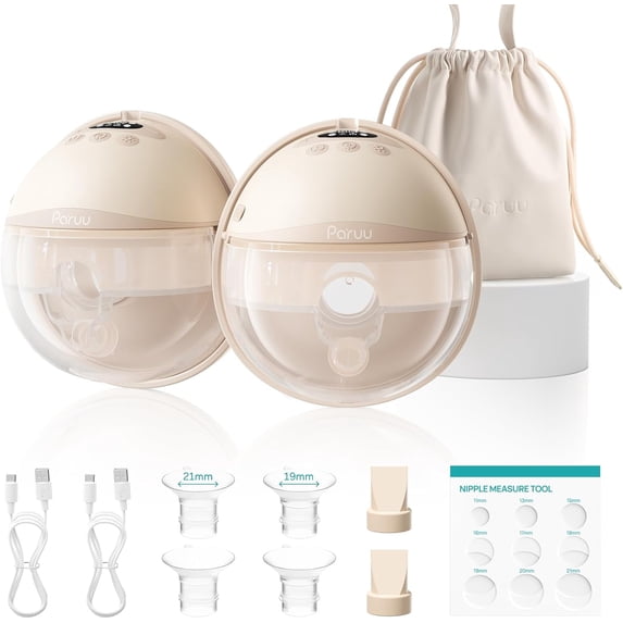 Paruu P16-B Wearable Breast Pump, 2 Pack (Champagne) 160min Battery, Night Light, 4 Modes & 12 Levels, 309mmHg Suction, 17/19/21mm Inserts, 24mm Flange, Storage Bag & Dust Cover