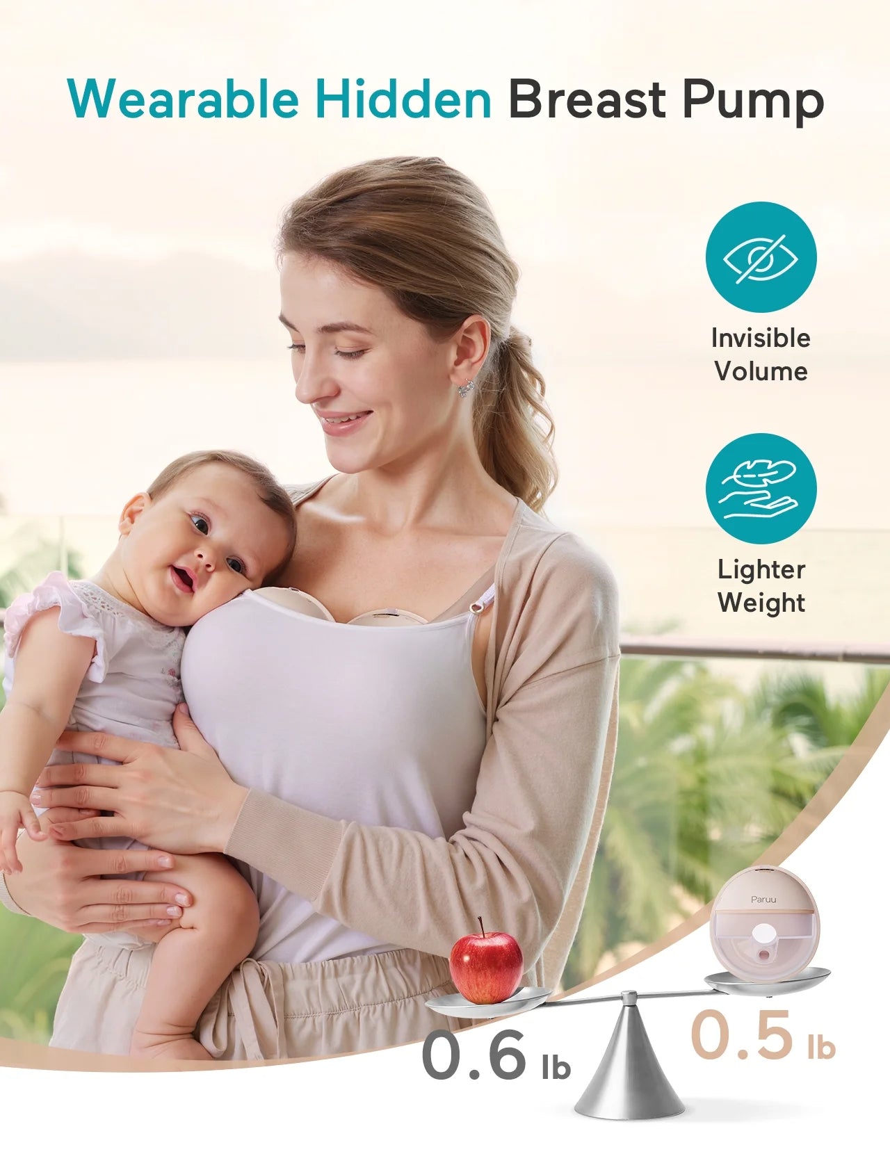 Paruu Wearable Breast Pump 4 Modes, 12 Levels, 240g, BPA-Free, Hands Free Breast Pump, Comfortable, Leak-Proof, Strong Suction