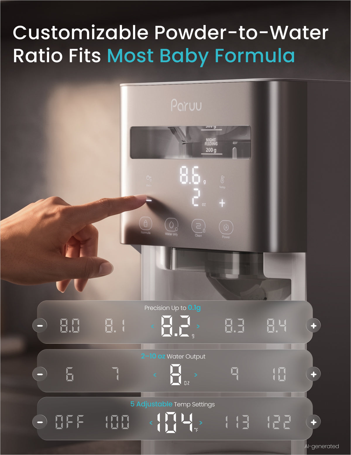 Paruu Baby Formula Maker, Ultra-Precise Automatic Formula Dispenser One-Touch Instant Bottle Prep, 304 Stainless Steel Tank, Fits Most Baby Bottles