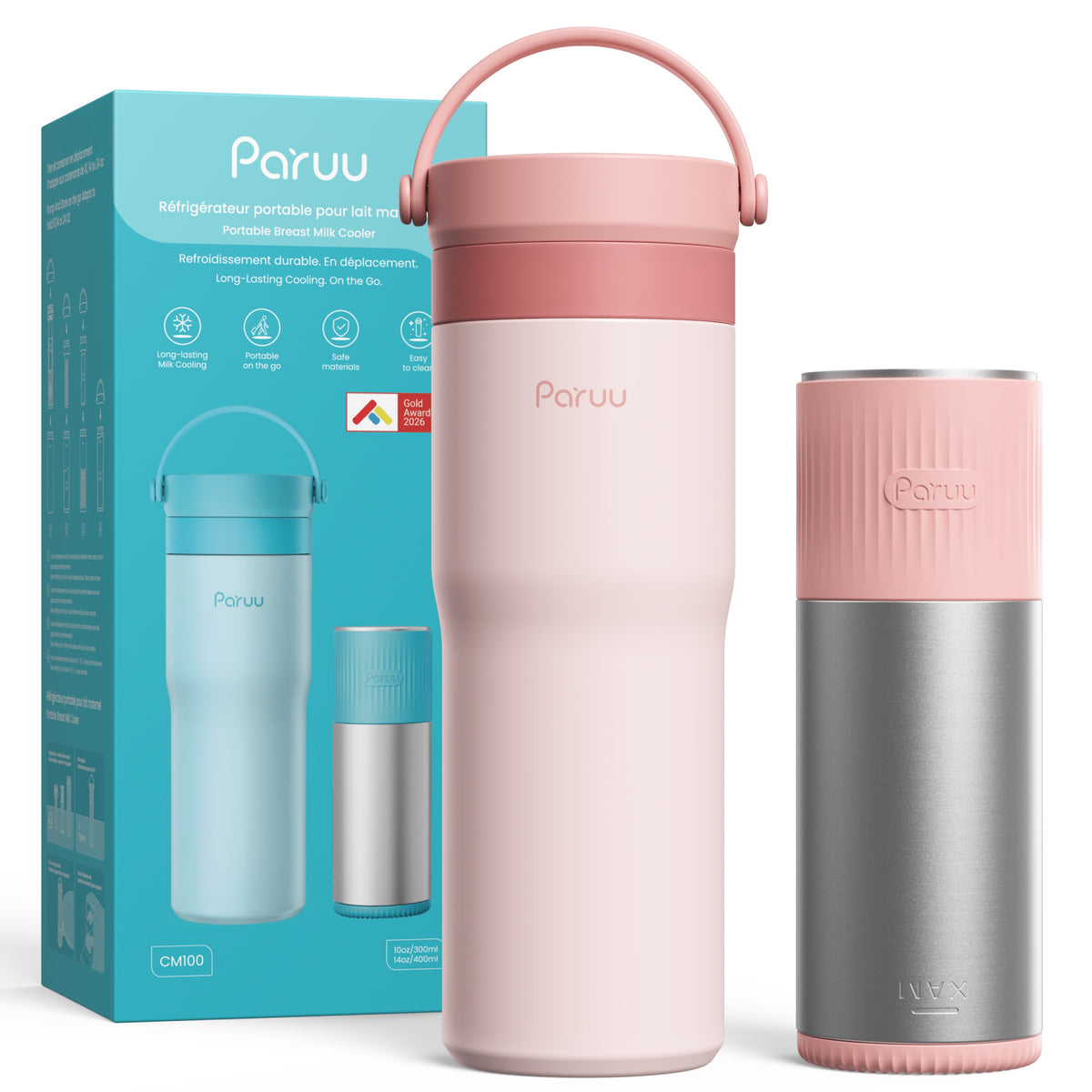 Paruu Portable Breast Milk Cooler, Unique Cooling Tube Design, Stainless Steel Breastmilk Chiller for 23–35H Cooling, 10oz Breastmilk Storage Container for New Moms Breastfeeding Essentials, Pink