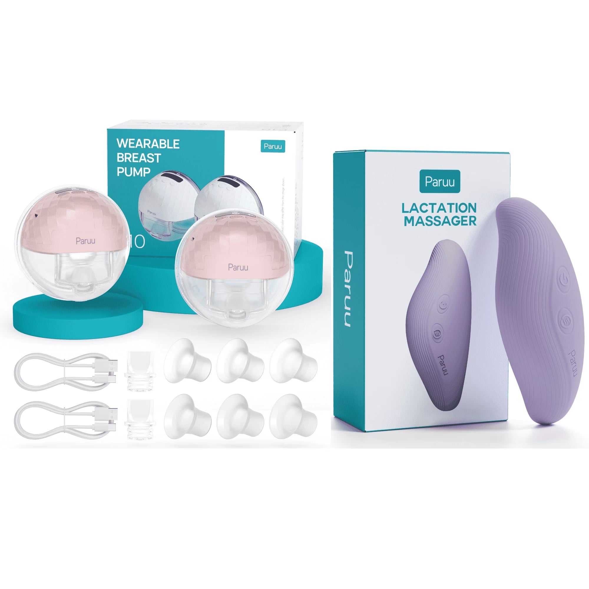 Paruu Wearable Breast Pump Hands-Free, Portable Breast Pump,Electric Breast Pump with 4 Modes & 9 Levels and Paruu Warming 2-in-1 Lactation Massager, Multiple Modes of Heat + Vibration for Clogged