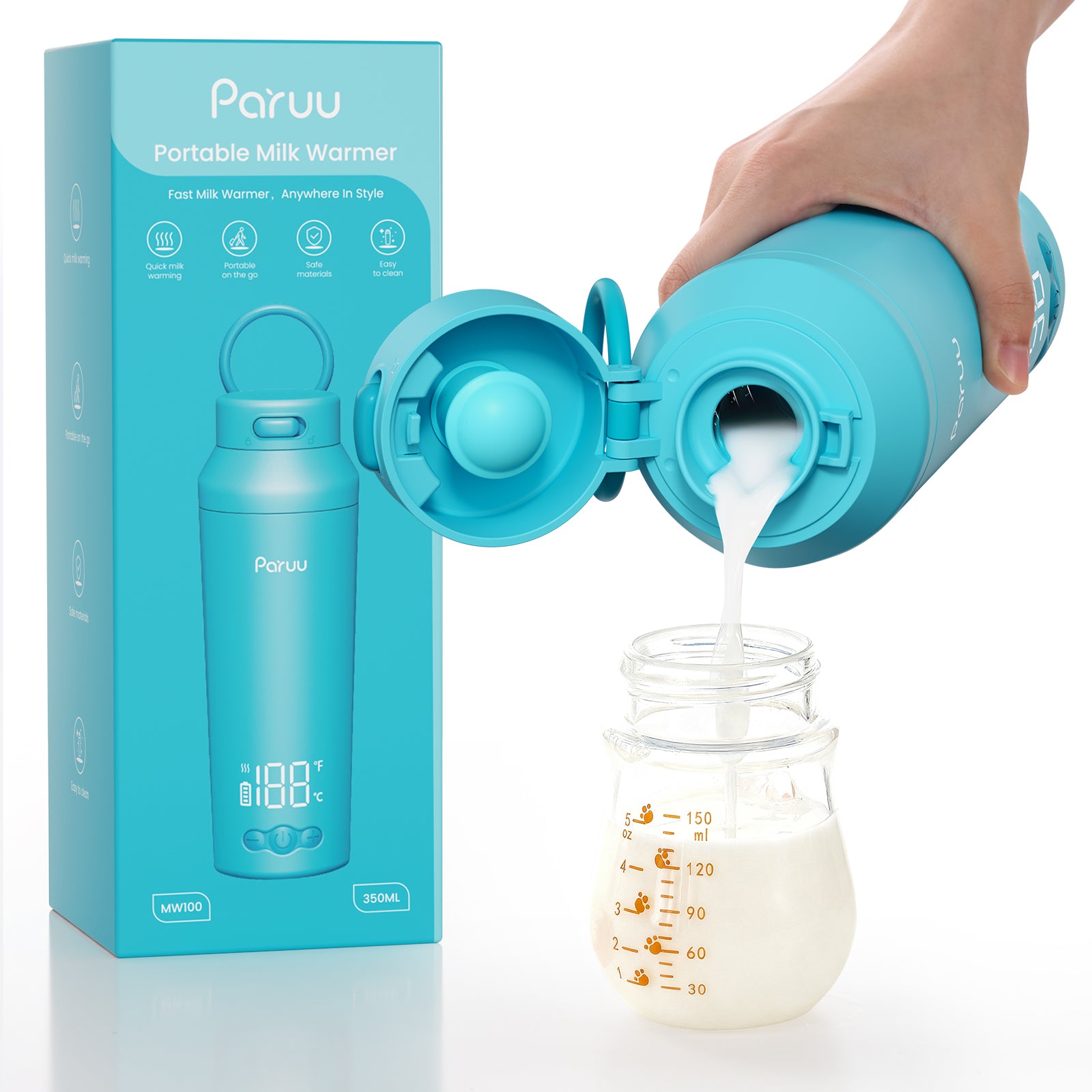 Paruu Portable Bottle Warmer for Travel, Easy-Clean Wide Mouth, Portable Milk Warmer with Fast Heating, 7-Temp Control,12oz