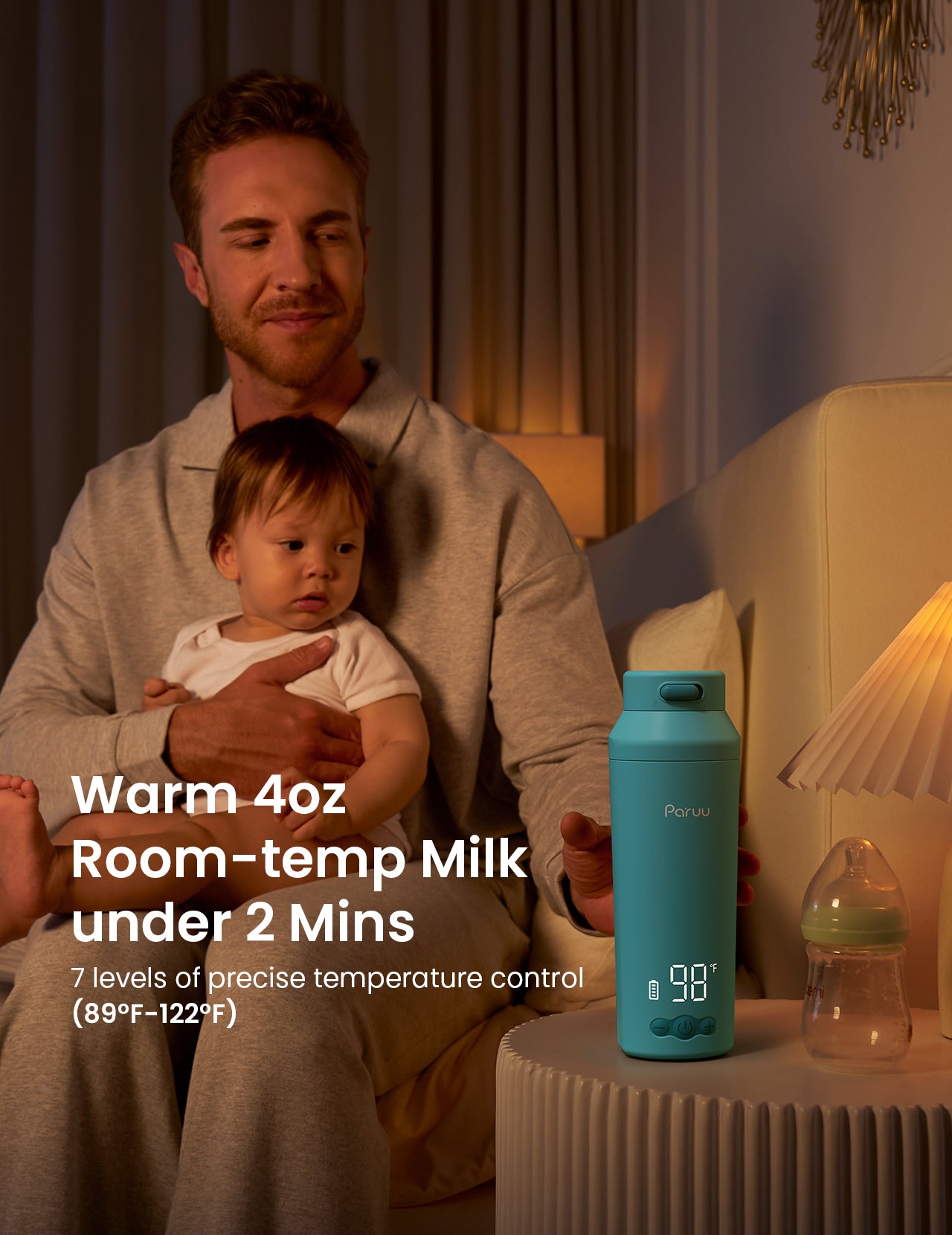 Paruu Portable Bottle Warmer for Travel, Easy-Clean Wide Mouth, Portable Milk Warmer with Fast Heating, 7-Temp Control,12oz