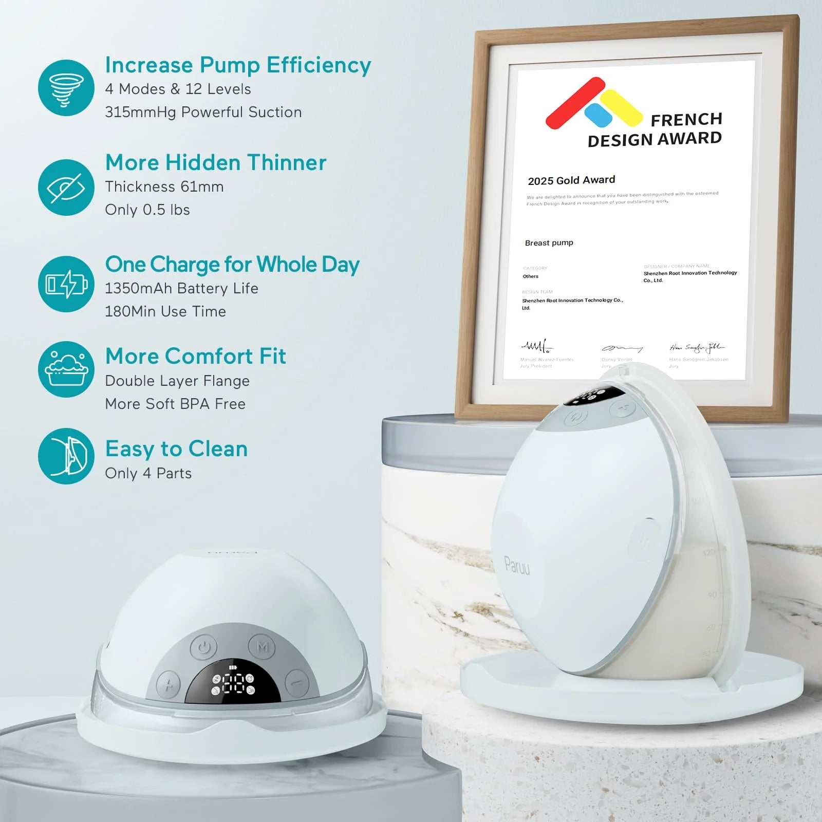Paruu P20 Electric Breast Pump Hands Free, 4 Modes & 12 Levels Suction with 19/21/24mm Double-Sealed Flange/Insert, Wearable & Portable, 2 Pack