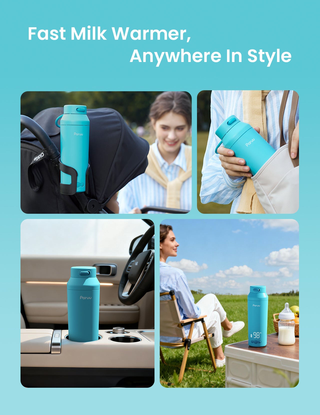 Paruu Portable Bottle Warmer for Travel, Easy-Clean Wide Mouth, Portable Milk Warmer with Fast Heating, 7-Temp Control,12oz