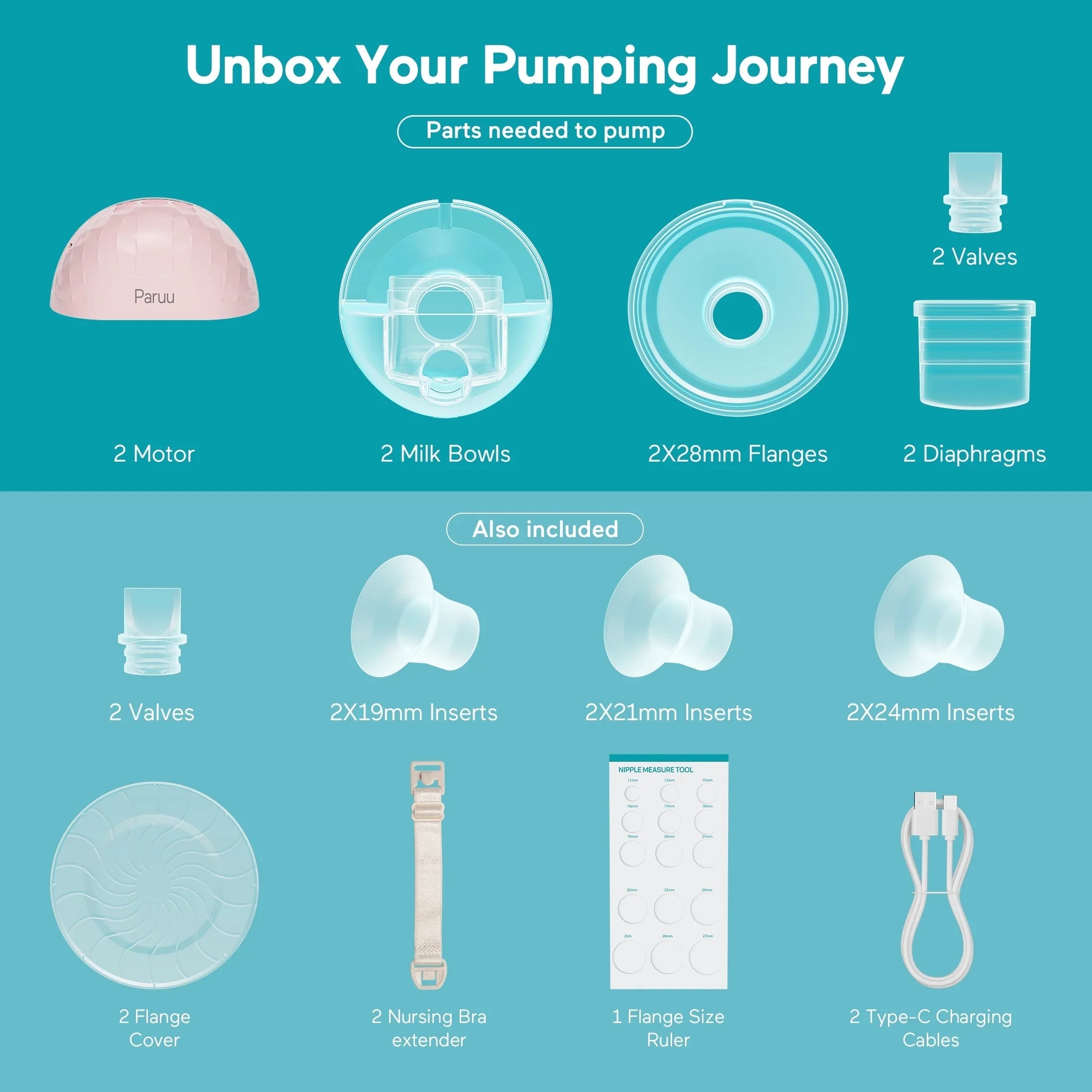 Paruu Wearable Breast Pump Hands-Free, Portable Breast Pump,Electric Breast Pump with 4 Modes & 9 Levels and Paruu Warming 2-in-1 Lactation Massager, Multiple Modes of Heat + Vibration for Clogged